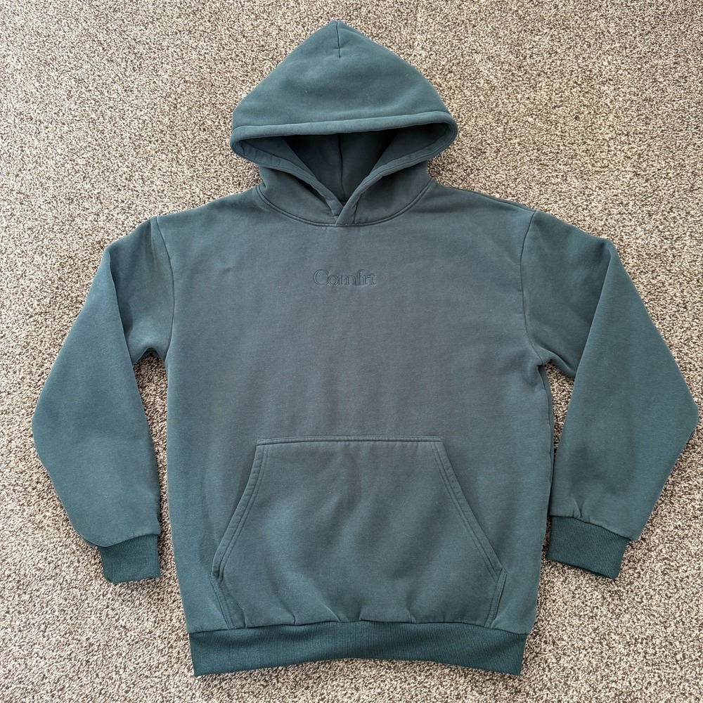 Comfrt Hoodie Teal Blue Green Logo Fleece Sweatshirt Men's Small Oversized
